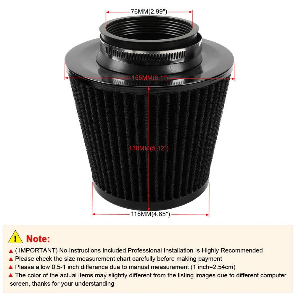 Filtros de aire negros universales de repuesto de filtro cónico de entrada de aire de 3 pulgadas y 76 mm