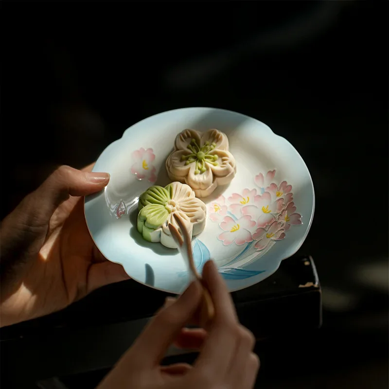 Jade Mud Water Hibiscus Hand-painted Petals Pot Bearing Kung Fu Tea Set Household Dry Brewing Plate Ceramic Tea Point Plate Disc