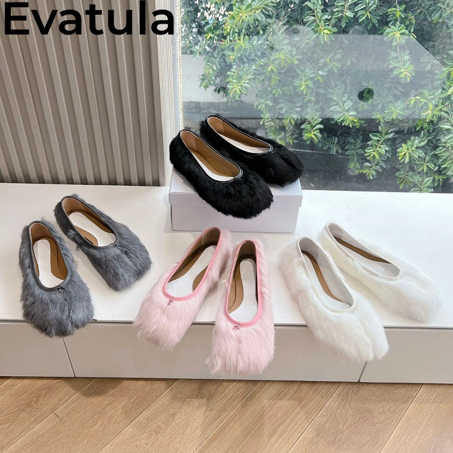 2024 Winter New Arrival Fluffy Fur Flat Shoes Women Split Toe Slip On Lazy Loafers Shoes Ladies Fashion Ballet Flat Shoes Female