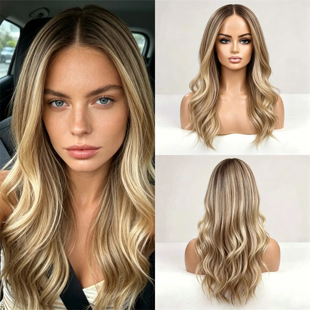 

26 Inches Ombre Blonde Brown Balayage Highlights Washable Synthetic HD Lace Front Wig High Quality Glueless Wig Small Large Cap