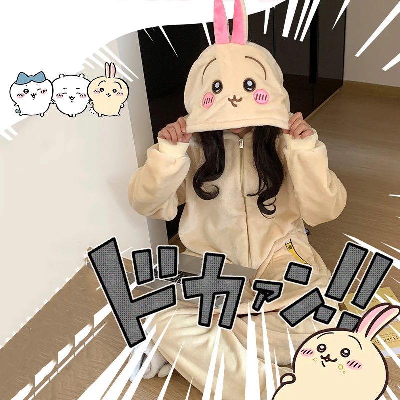 Chiikawa Usagi Hachiware Autumn Winter Cartoon Anime Bodysuit Cute Keep Warm Comfortable Pajamas Indoor Thicken Onesie Pajamas