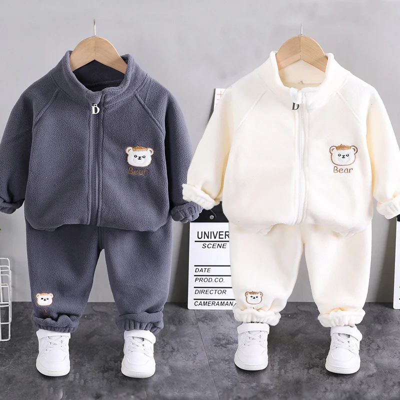 

Детские комплекты с мягкой подкладкой, утепленный теплый костюм для мальчиков и девочек, детская флисовая спортивная одежда, пальто и штаны с милым медведем для младенцев, 2 шт.
