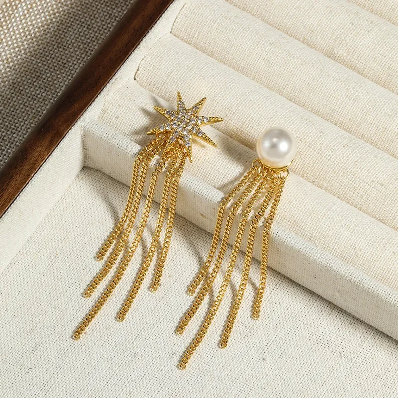 Qingdao jewelry stud earrings 925 High sense left and right asymmetry, natural freshwater pearl star and moon fringed