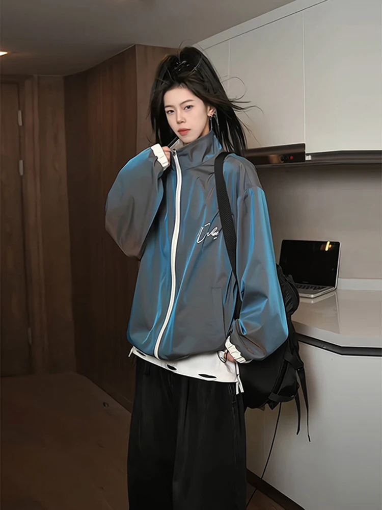 

Двусторонняя светоотражающая мужская куртка для весны и осени в американском стиле с воротником-стойкой, бейсбольный дизайн, водонепроницаемая