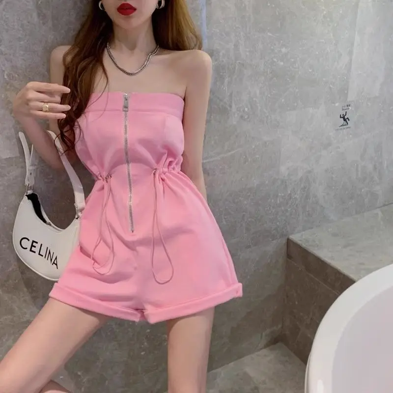 

2024 Sexy Women Off Shoulder Slim High Waist Short Playsuit Romper Summer Strapless Backless Pocket Zipper Jumpsuit Fashion New