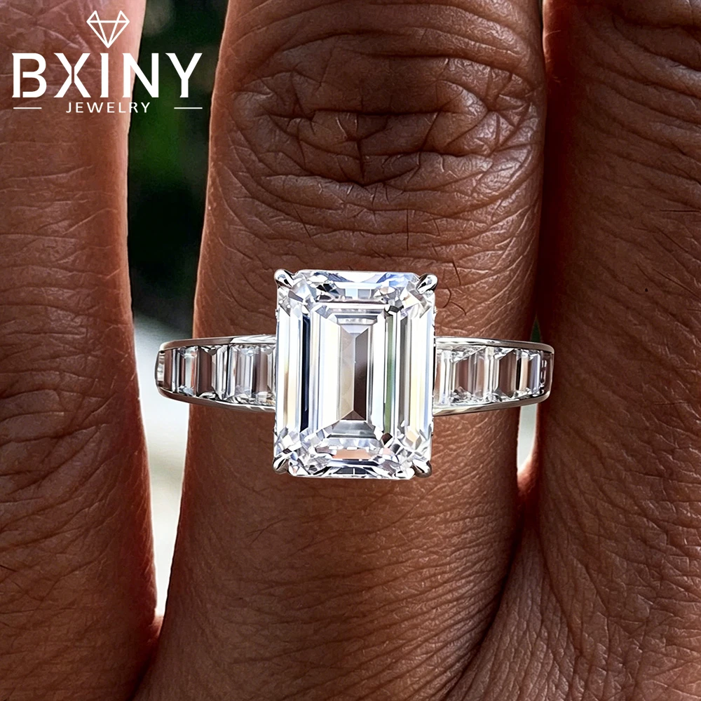 BXINY 3Carat Emerald Cut Moissanite Ring Pure S925 Silver Channel-set Baguette Shank for Women Diamond Wedding Band Fine Jewelry