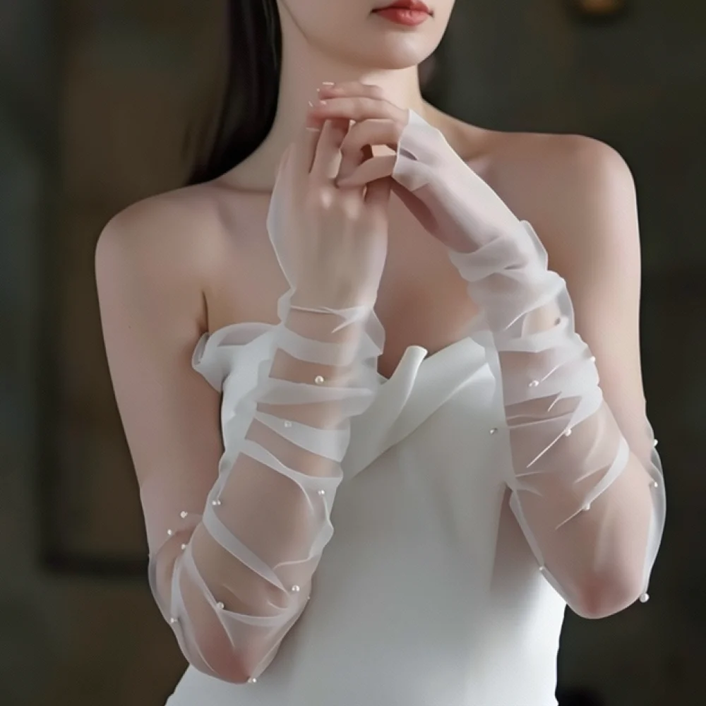 Wedding Long Mesh Sleeves Pearls Bridal Fingerless Gloves Elegant Dress Accessories Romantic Style Photography Decor