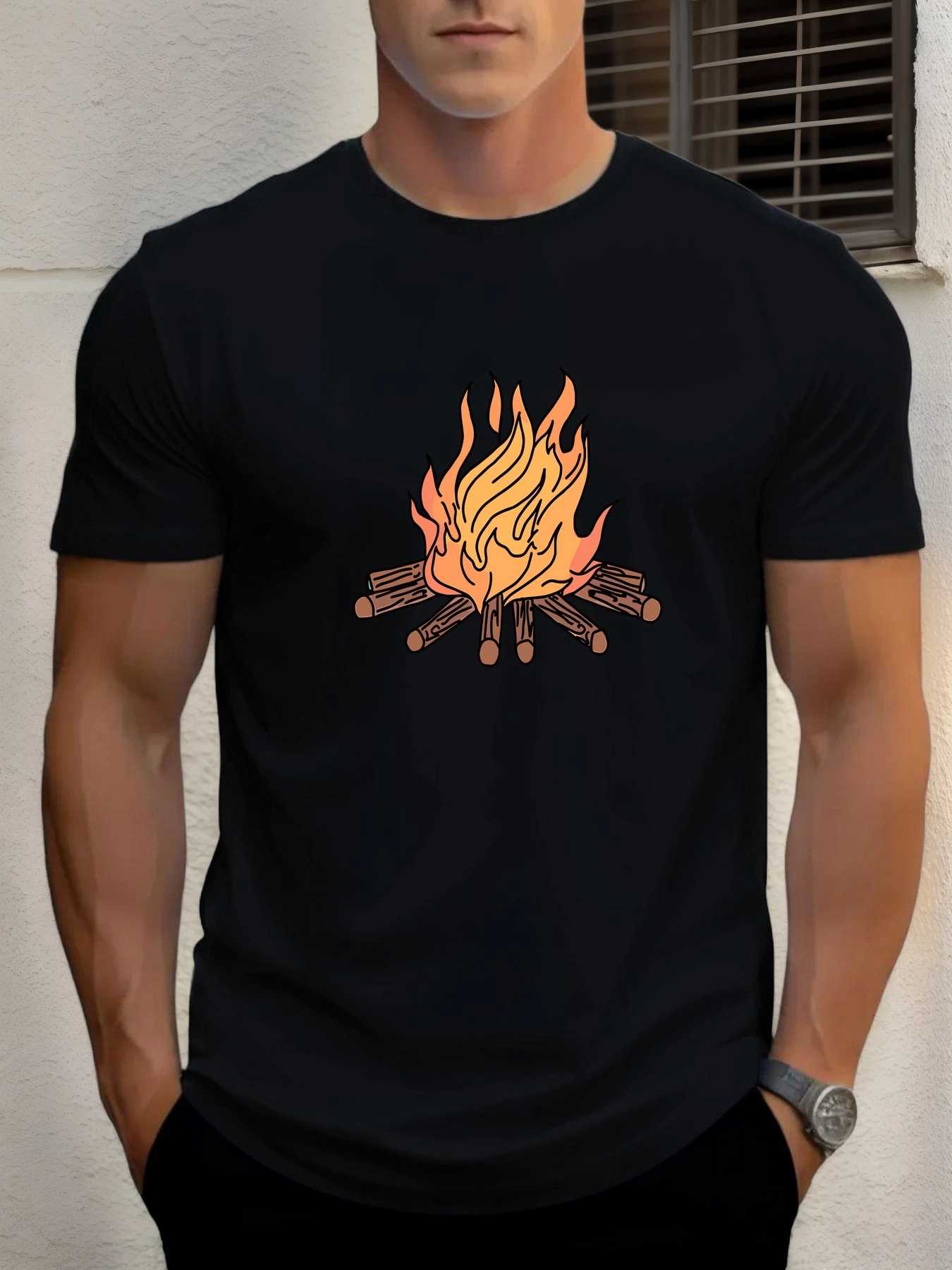 

2025 Summer Men's Cotton T Shirt Campfire Trendy Print Round Neck T-Shirt Casual Breathable Street Style Daily Top