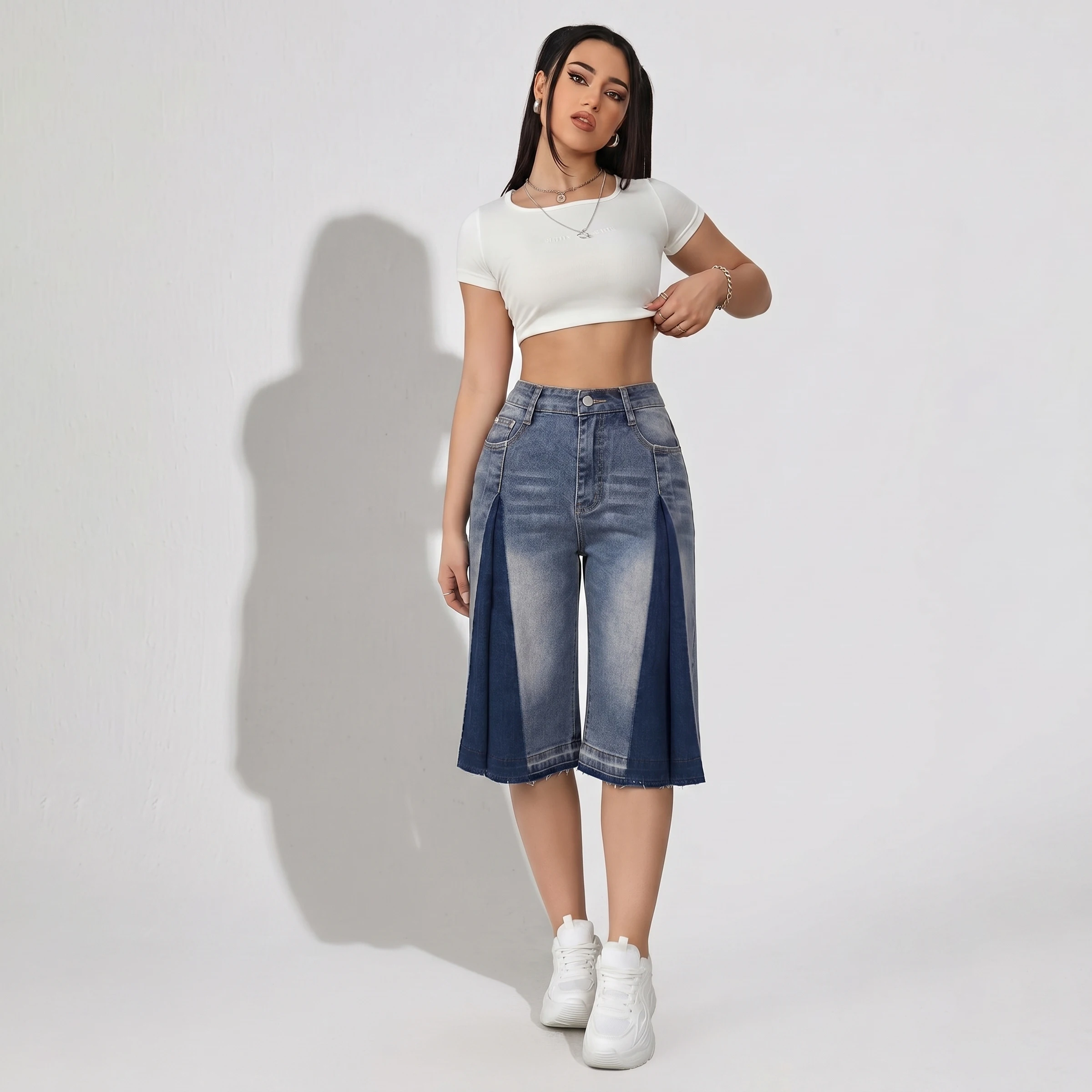 

Women's Cropped Wide-Leg Pleated Jeans, Stretchy Loose Fit, Slimming, Fashionable, Versatile, Unique Design, Straight-Leg Mid-Length Pants