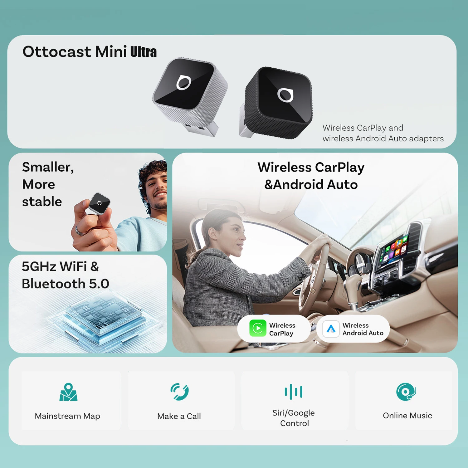 Ottocast Ultra Mini Draadloze CarPlay Android Auto Adapter USB Dongle Plug Play Bluetooth 5.8 Wifi Auto Connect voor 98% van auto's