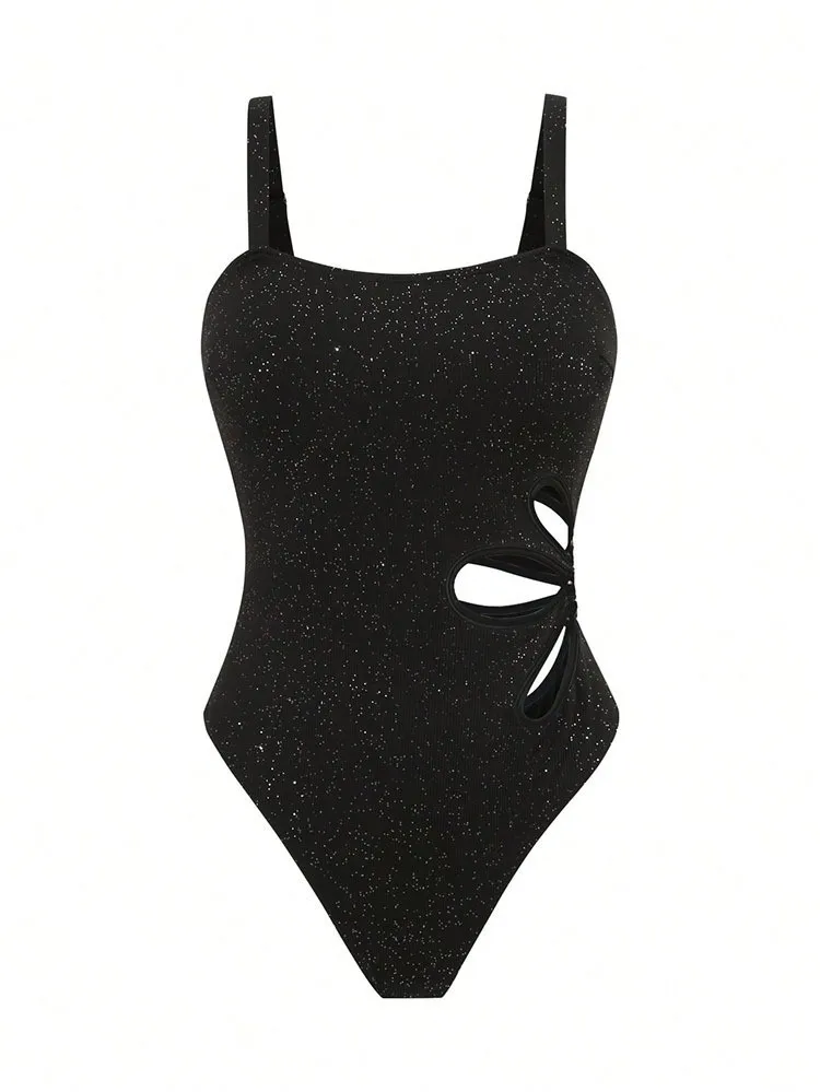 Cikini Textura Sparkle Cor Sólida Oco Flor Padrão Maiô de Uma Peça Verão Praia Férias para Mulher