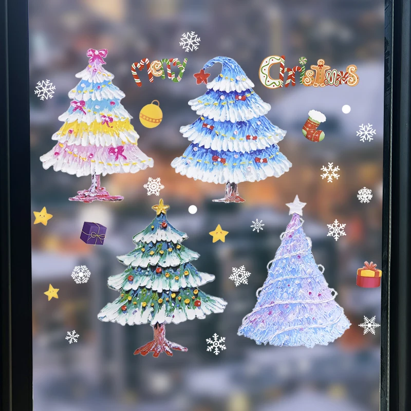 Christmas Window Sticker Cartoon Santa Claus Xmas Tree Shop Glass Stickers Kids Room Wall Decal New Year Navidad DIY Party Decor