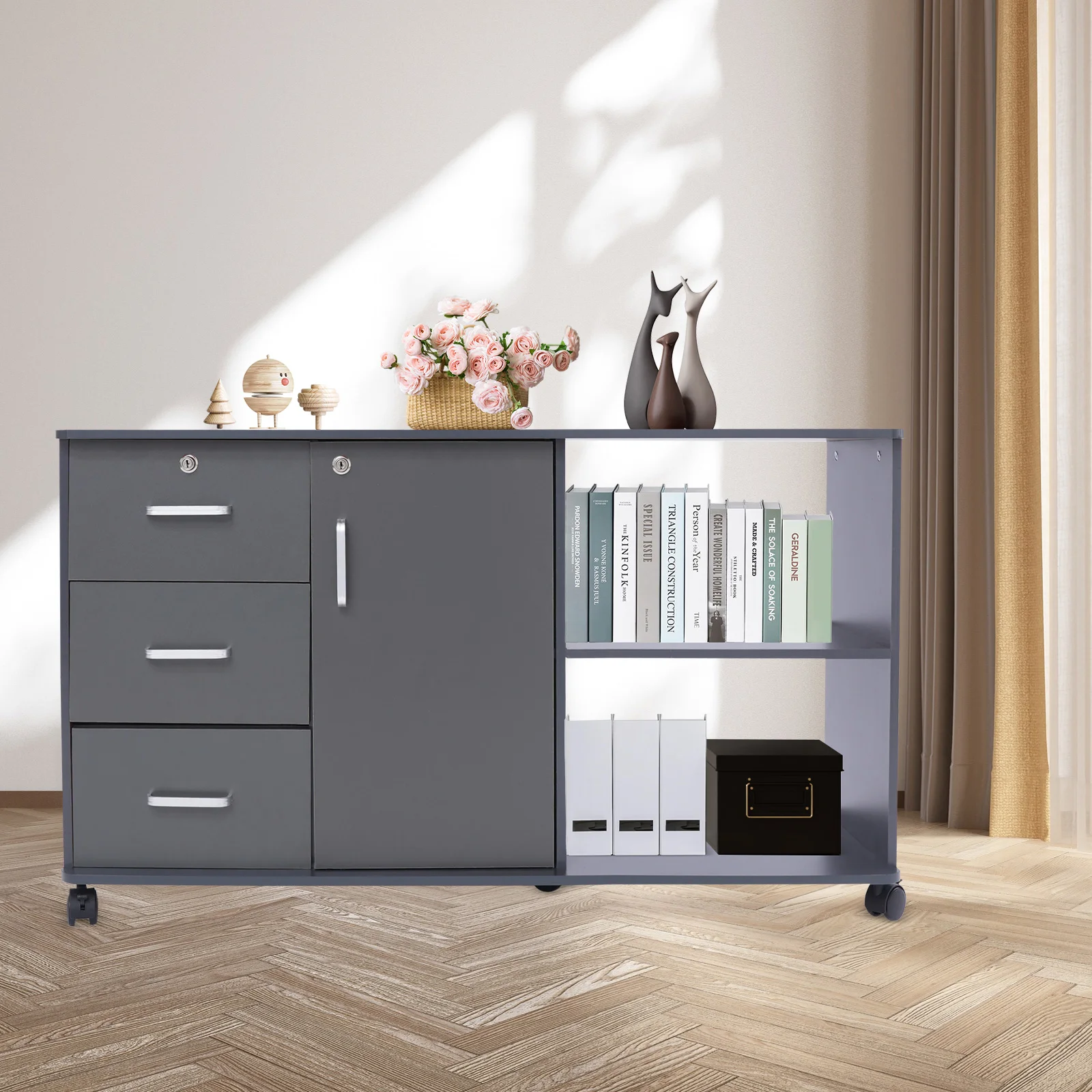 Three Draws, One Door, Two Compartments File Cabinet for office school to store office supplies, folders, personal items