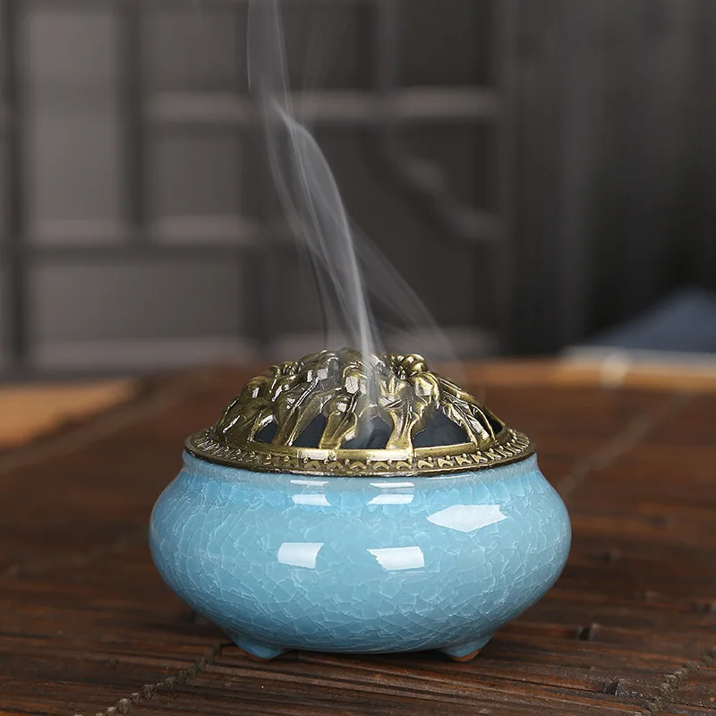 Ceramic Censer Home Decor Celadon Copper Cover Ice Cracker Incense Cones Stick