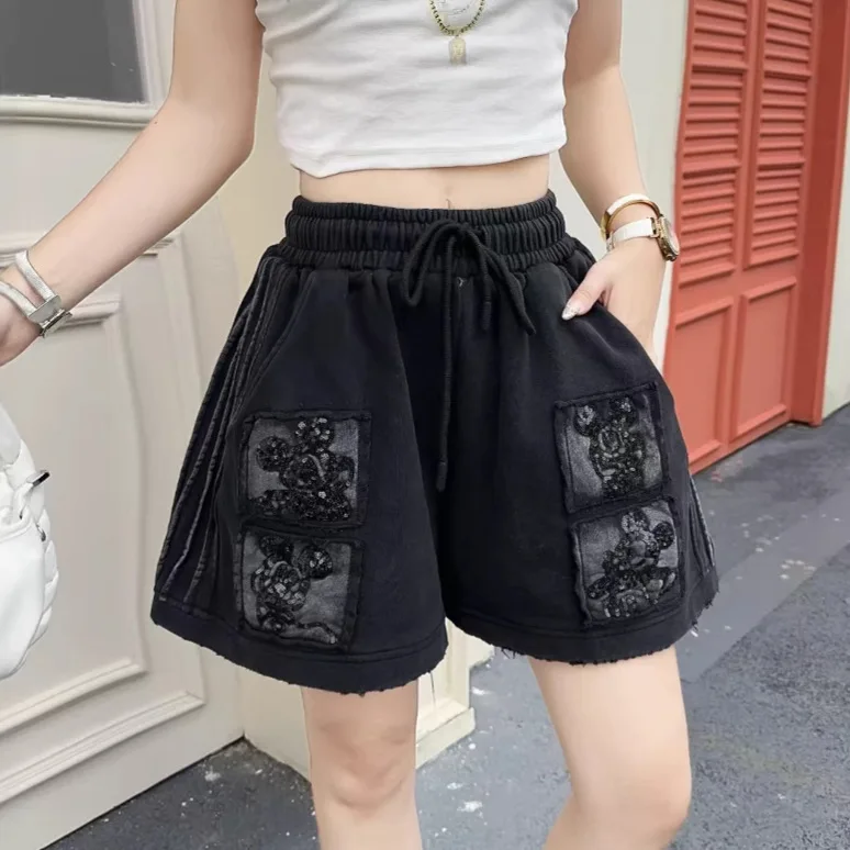 

Europe Station 2025 Summer New Fashion Cartoon Washed Cotton Elastic Waist Wide Leg Sequin Versatile Casual Shorts Hot Pants