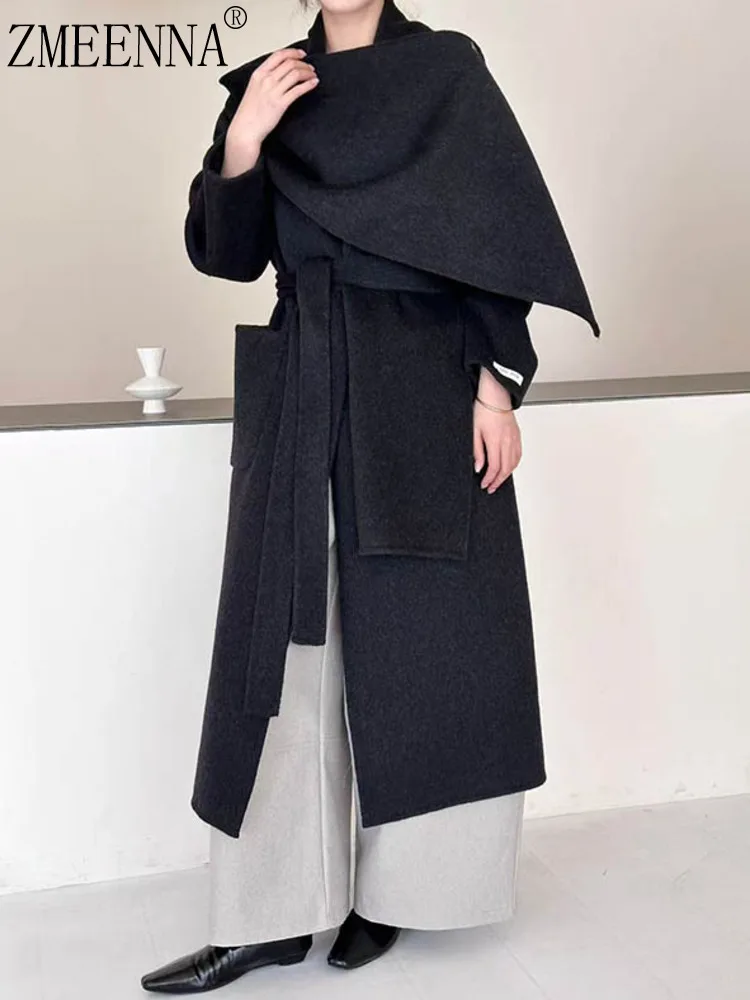 

ZMEENNA женское длинное черное шерстяное пальто со съемной шалью и завязками на поясе, теплая зимняя верхняя одежда, элегантная минималистичная ZM4393