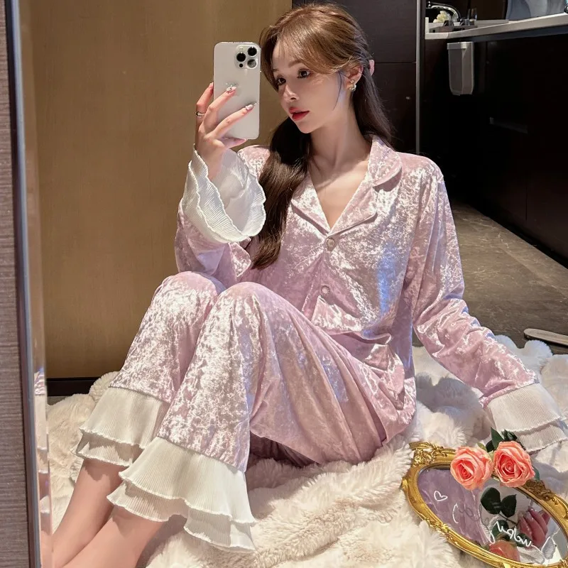 Autumn Winter Pajamas Suit Princess Trousers Set Warm Velvet Sleepwear for Women Print Home Clothes Sexy Loungewear Nightwear