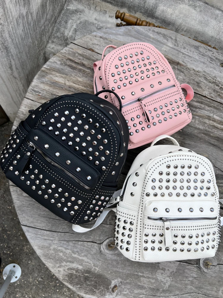 

Кожаный рюкзак в стиле панк с темными заклепками, универсальный женский рюкзак для колледжа, розовый, белый, черный, школьный рюкзак