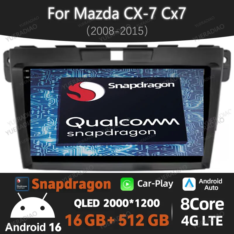 Autoradio Android 16 pour Mazda CX-7 Cx7 2008 - 2015 Lecteur multimédia vidéo QLED 4G WIFI GPS NAVI Qualcomm BT 2DIN