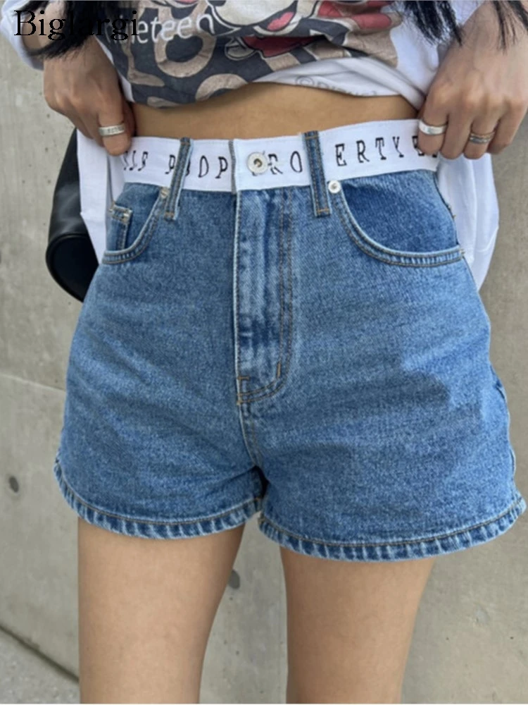 

Jeans Summer Mini Shorts Women Letter Print Patchwork High Waist Fashion Ladies Trousers Casual Loose Woman Shorts