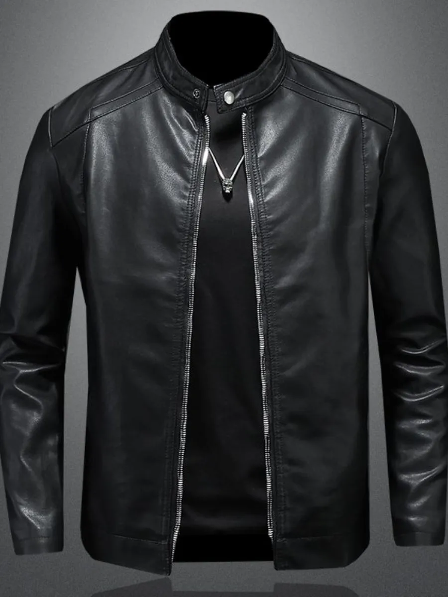 

New Men's PU Leather Jaet Stand Collar Windproof Waterproof Motorcycle Sle Faionable Outerwear Long Sve Cleanfit