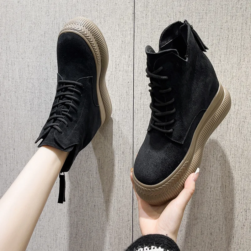 Fujin 10cm British Platform Ankle Boots Motorcycle Punk Spring Autumn Winter Suede Leather Women Lace Up Has Plush Zipper Shoes