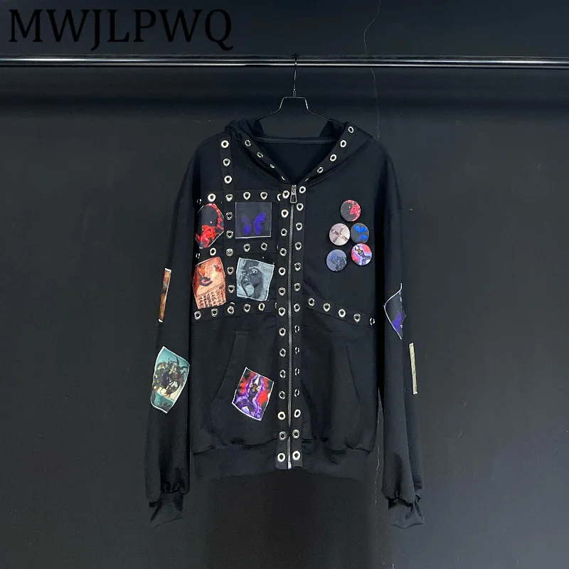 

MWJLPWQ Rivet Print Design Hooded Sweatshirt Men's Metal Niched Long Sleeve Streetwear Loose Unisex Casual Tops 2025 New 11842