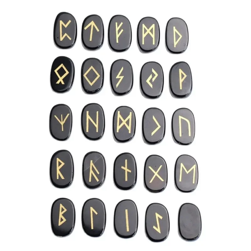 25pcs Natural Semi-precious Stone Ornaments Amethyst Quartz Lapis Crystal Reiki Healing Pagan Lettering Wiccan Rune Stones Set