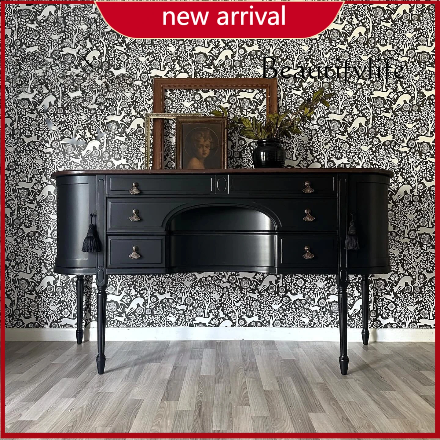 

ZY French Retro Solid Wood Black Dining Side Cabinet American Living Room Integrated Wall Storage Locker Furniture Customization