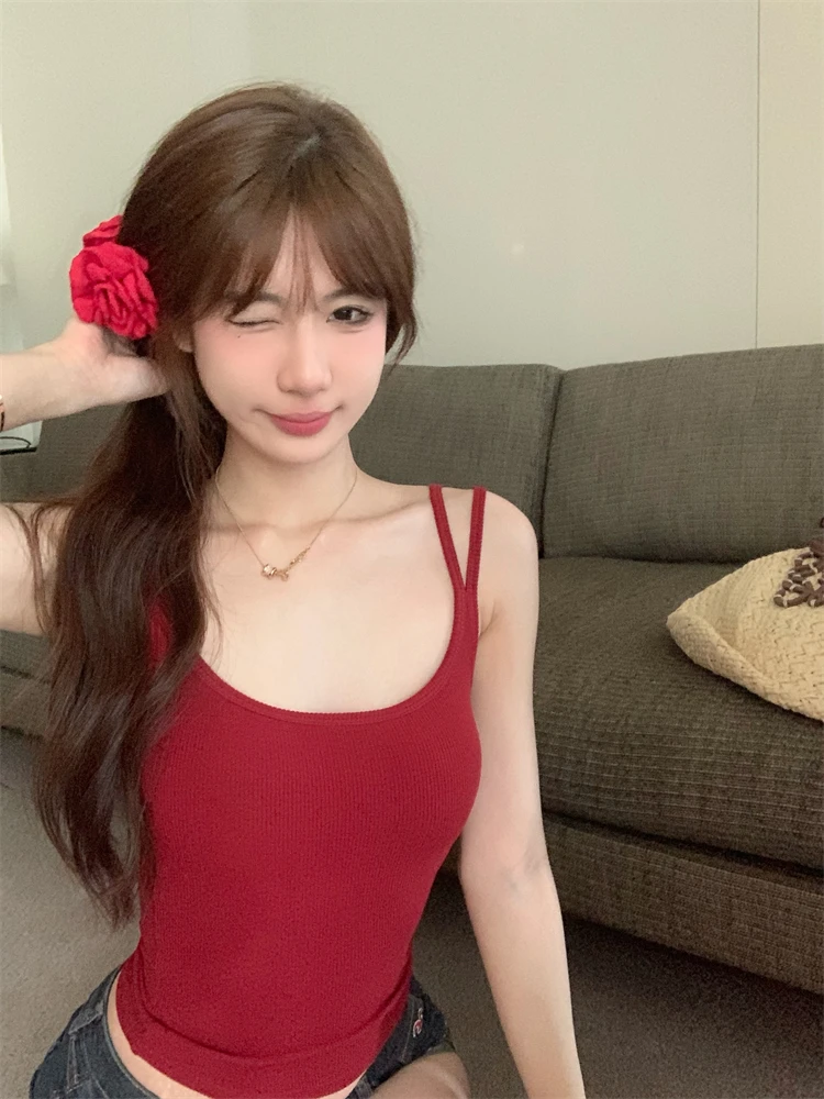 U-Shape Backless  Strap Vest Women's American Style 2026 New Summer Integrated Chest Pad Bra Red Top Inner Wear
