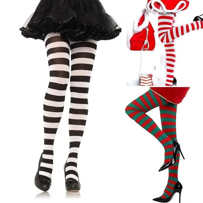 Women Over Knee Long Stripe Printed Pantyhose Thigh High Stocking Long Hosiery Elastic Polyester Socks Christmas Cosplay Socks