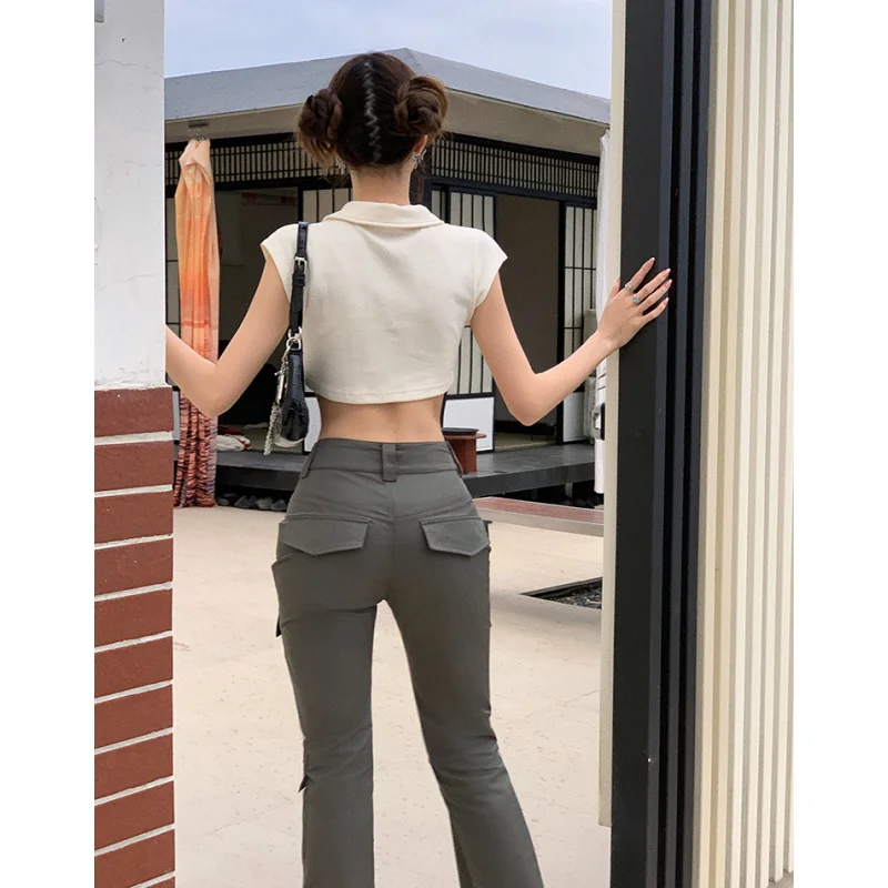 Green Cargo Pants Solid Y2K Style Women American Vintage Fashion Straight Wide Leg Pants High Street Female Summer NEW Trouser