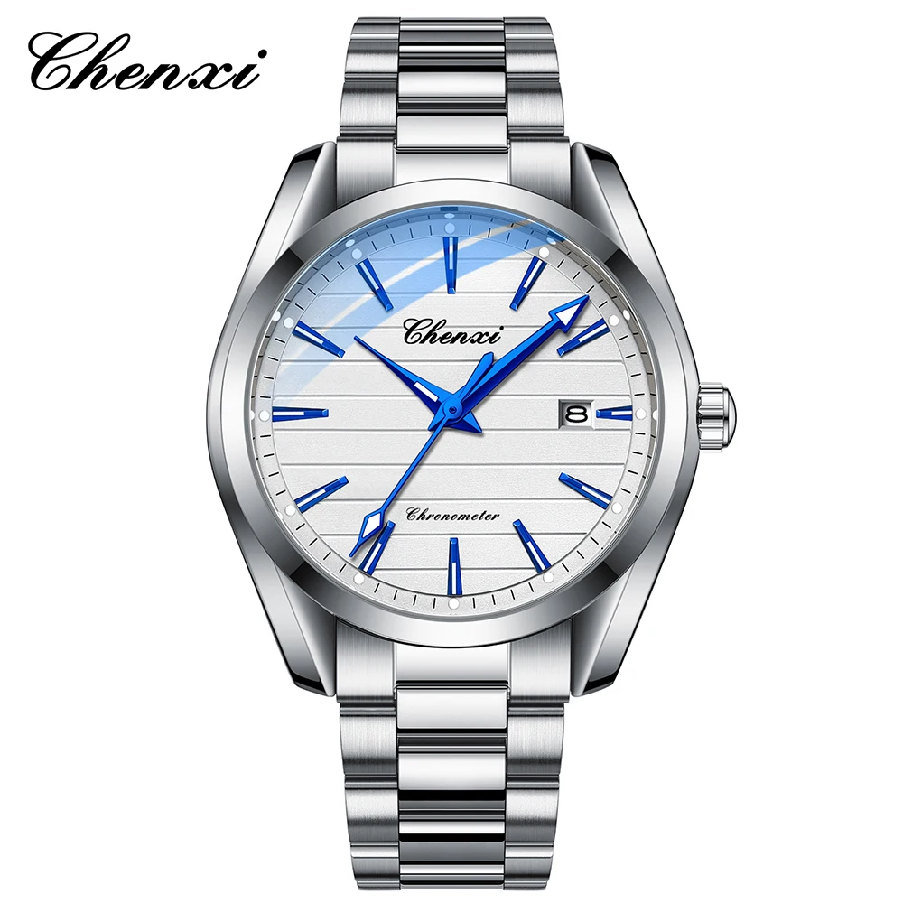 남자를위한 패션 간단한 실버 비즈니스 시계 CHENXI 라운드 다이얼 남자 시계 방수 빛나는 남자 손목 시계