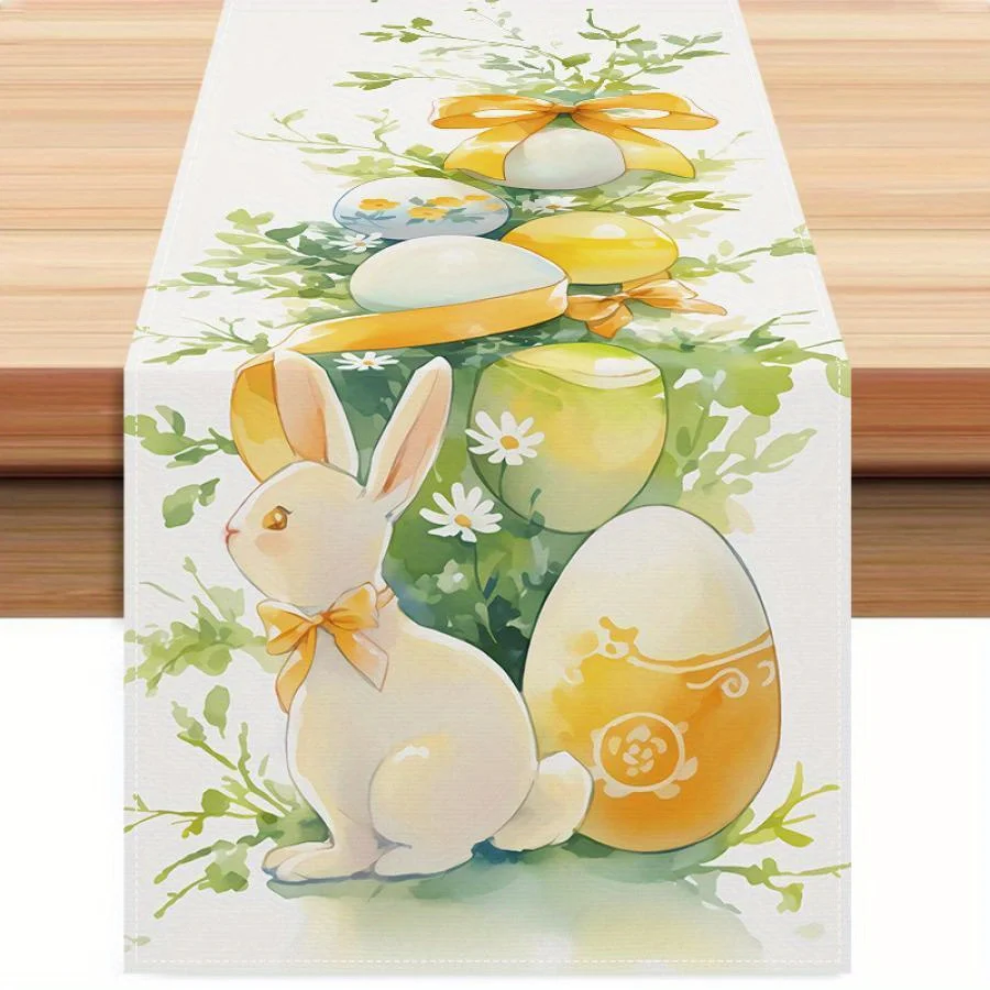 Easter Bunny Eggs Linen Table Runner Holiday Party Decor Spring Daisy Flower Leaves Table Runners for Kitchen Dining Table Decor