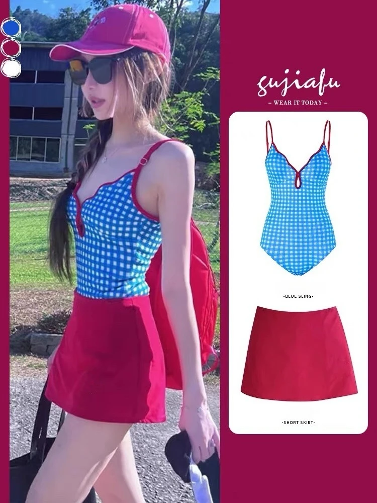 Frauen Sexy Einteilige Badebekleidung Stil Niedlich Kariert Open Back Badeanzug Süße Einfache Badeanzug Sommer Beachwear Badeanzug Kleid – Detail 5