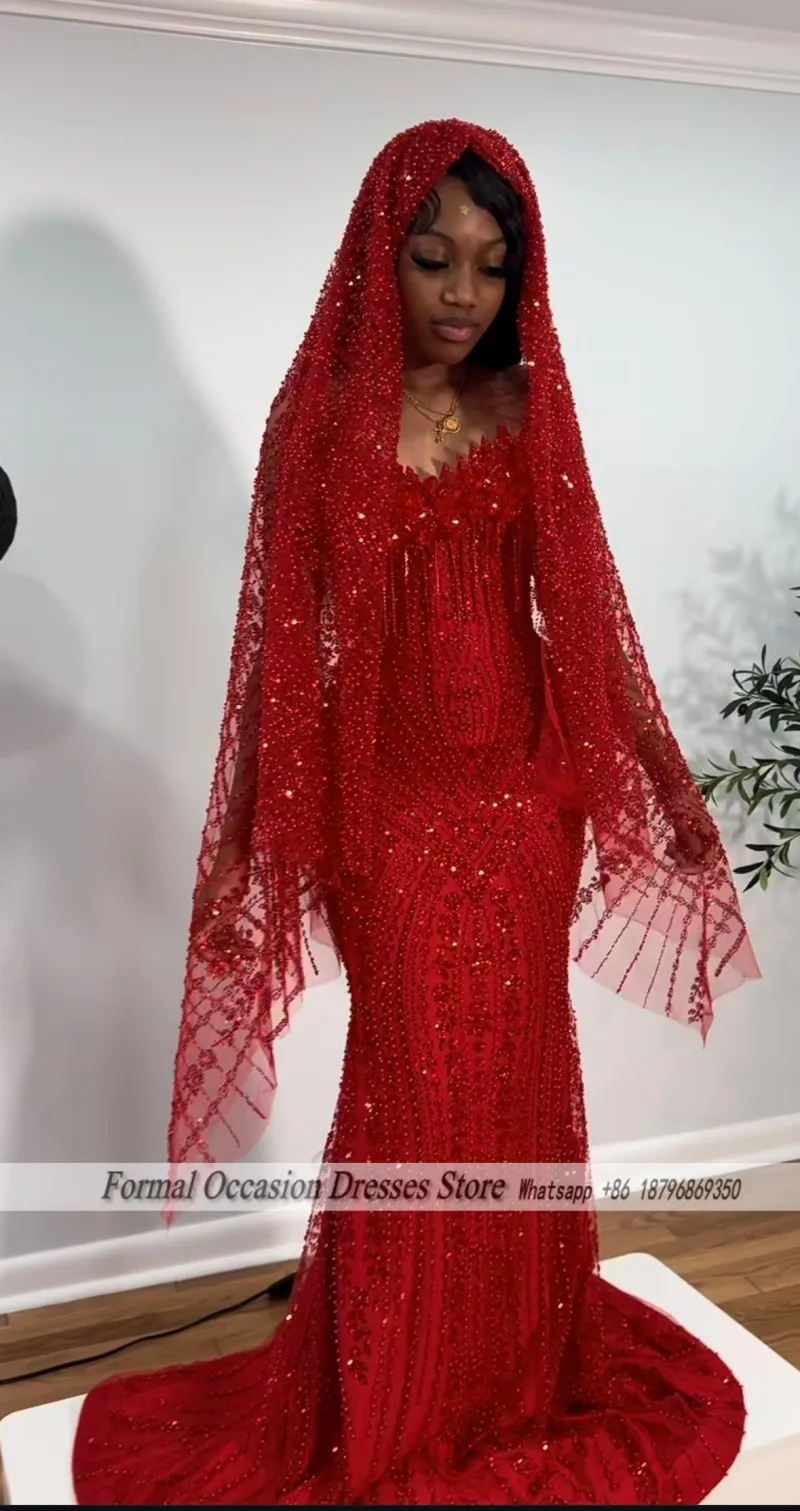 Luxury Red Prom Dresses With Veil 2026 Sequin Beading Black Girls Evening Dress 2025 Sleeveless Birthday Party Gowns Customized image 5