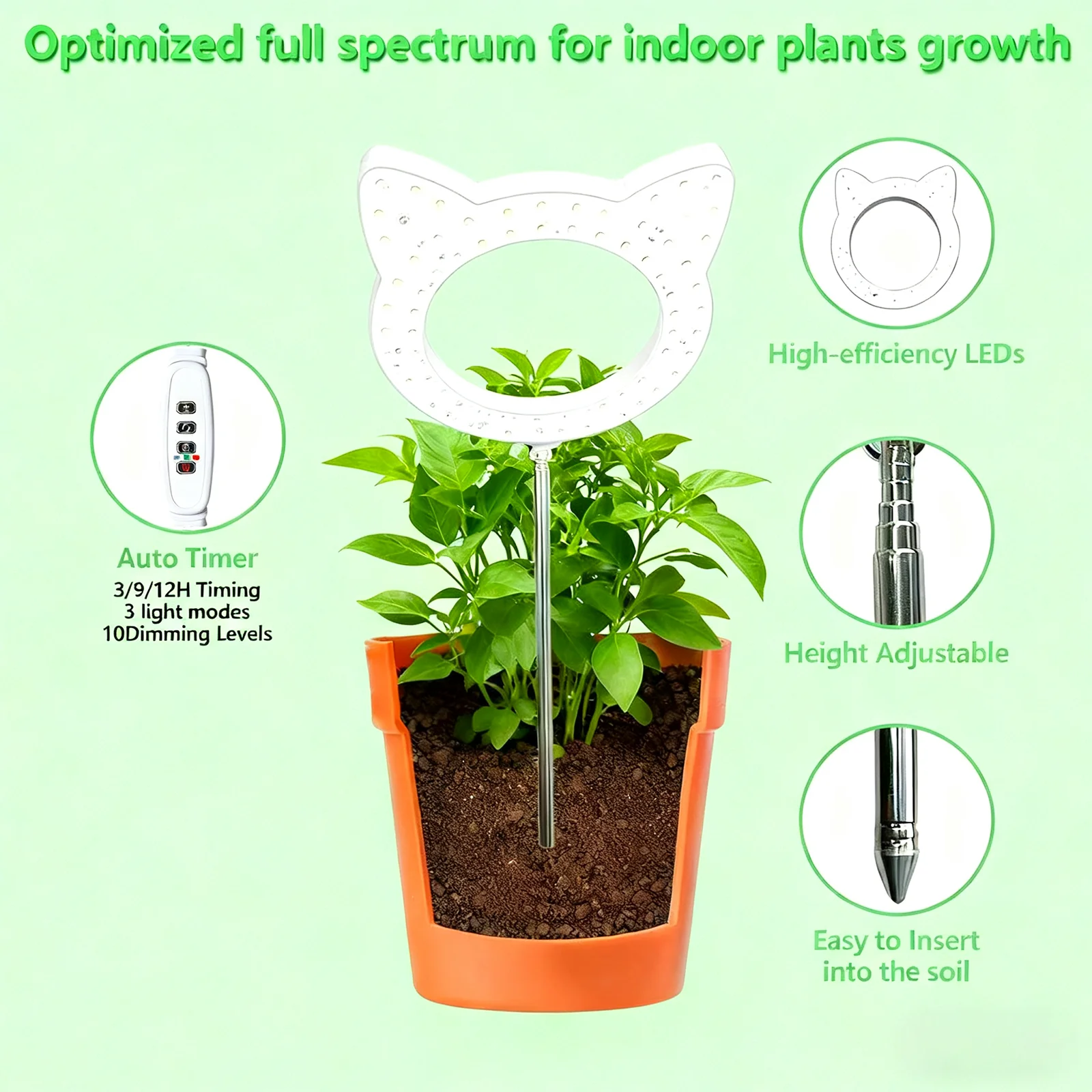 ضوء نمو كامل الطيف على شكل قطة، وعاء ضوء نباتي داخلي، 10 سطوع قابل للتعديل، 3 أوضاع ألوان، ارتفاع قابل للتعديل #4