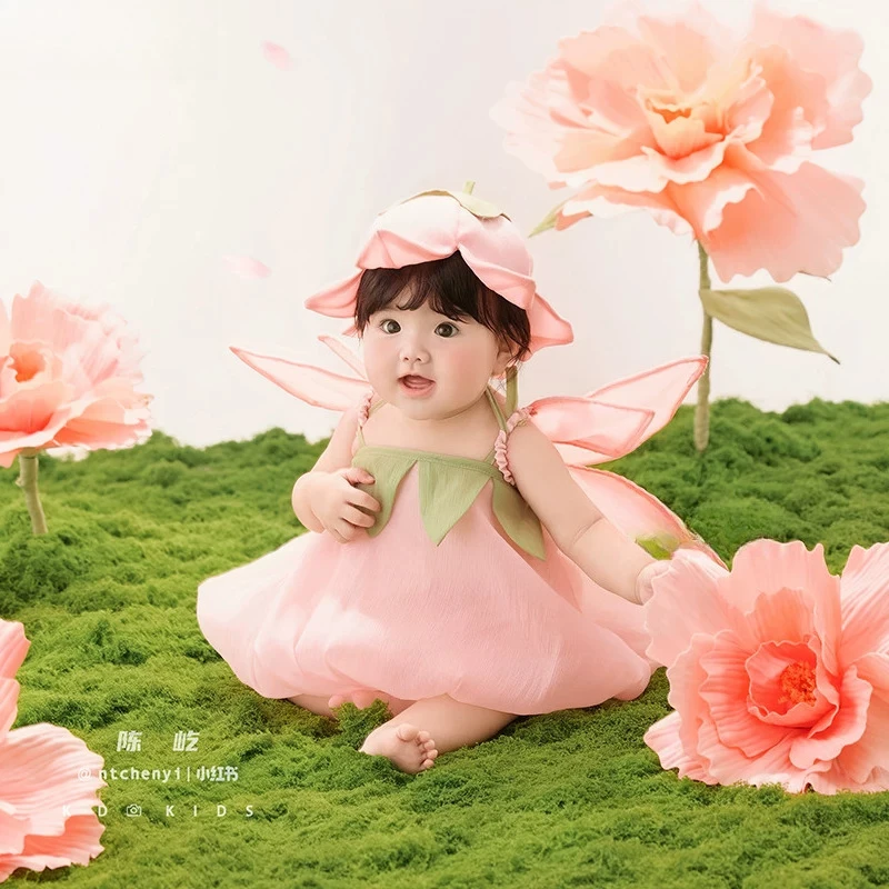 Baby Photography Props Infant Girls Fairy Pink Dress Hat with Wings Florals Theme Set for Studio Photoshoot Decor Accessories
