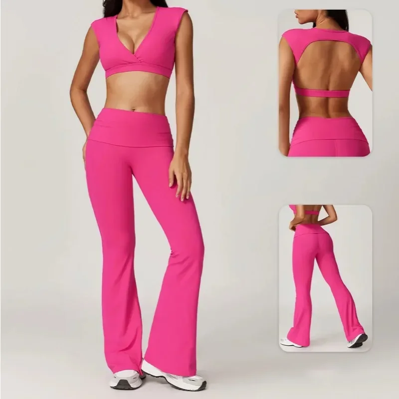 Backless Sport Set Women Fitness Clothing Bra Top Flare Leggings Gym Workout 2 Piece Fashion Yoga Active Wear 2024 Black Pink