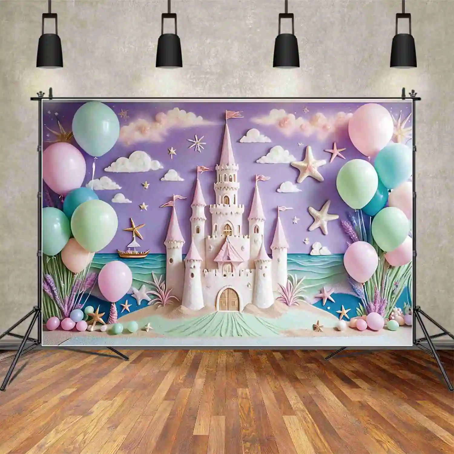 

MOON.QG Candy Beach Birthday Year Backdrops Girls Summer Fairy Castle Wall Backgrounds Custom Party Photocall Supplies