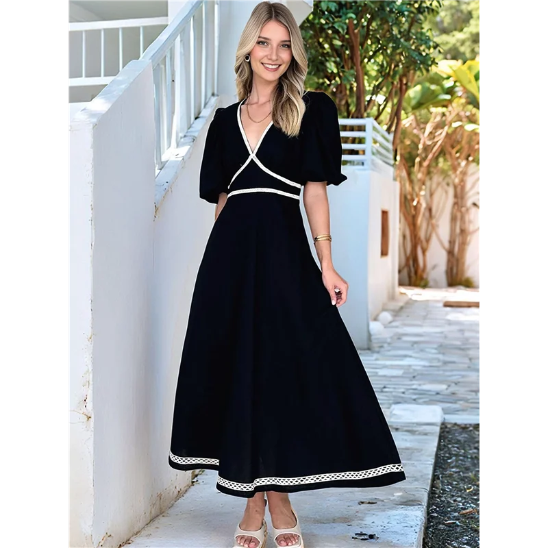 فستان CYL-Women's 2025 رسمي أنيق كاجوال بياقة على شكل V وأكمام منتفخة على شكل حرف a فستان ماكسي متأرجح #4