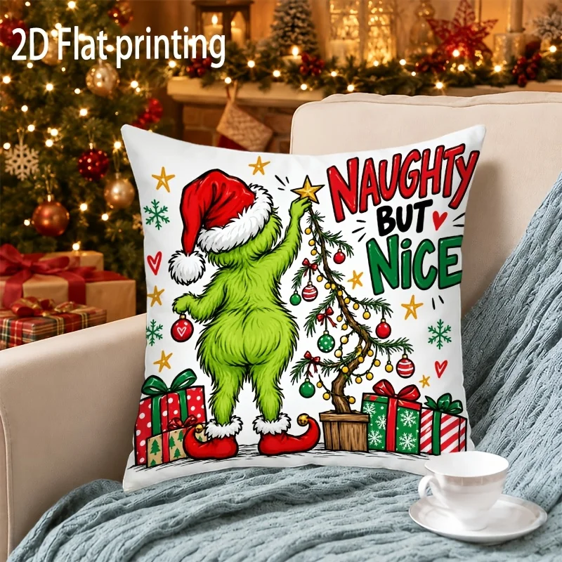 Naughty But Nice Grinch Throw Pillow Cover Christmas Tree Gift Box Cushion Case Xmas Home Decor Gift Christmas Party Gifts