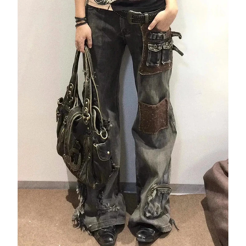 

American Vintage Denim Pants Women Distressed Patchwork Pocket Jeans Harajuku Y2K Loose Casual Hiphop Street Trousers