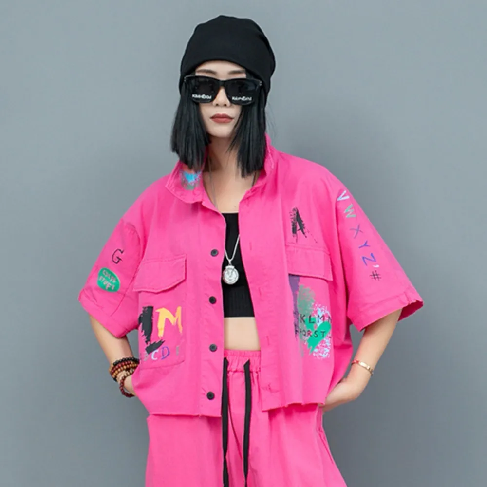 

2024 Summer Thin Denim Printed Lapel Short Sleeved Jacket Women Pink Coat LX1470