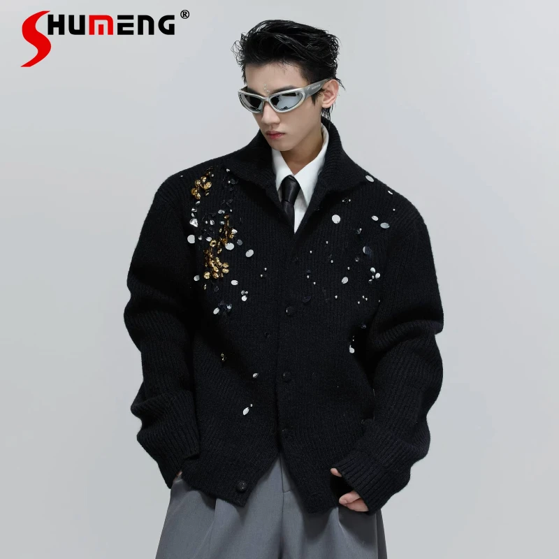 

Осень-зима 2022, мужские новые модные трикотажные изделия с блестками, свитера с высоким воротником, мужской элегантный однотонный шикарный вязаный кардиган
