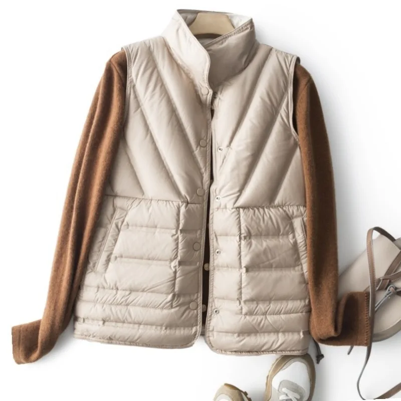 Autumn Winter Women\'s New Laminated White Duck Down Stand Up Collar Down Jacket Vest Solid Color Fashionable and Simple Jacket