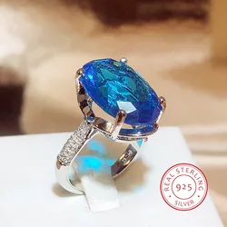 Classic Blue Geometric Oval Banquet Party Non-fade Ring Light Luxury Opening Adjustable Ladies 925 Sterling Silver Jewelry