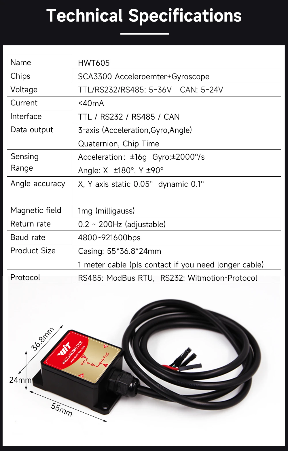 High-Precision Inclinometer HWT605 Industrial-Grade Accelerometer+Angle+Gyro, MPU9250 IMU, Temperature Compensation, Tilt Angle