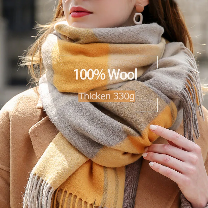 Winter 100% Lamb Wool Scarf Women Luxury Thicken Warm Shawls Wraps Checkered Pashmina Foulard Femme Plaid Cashmere Scarves