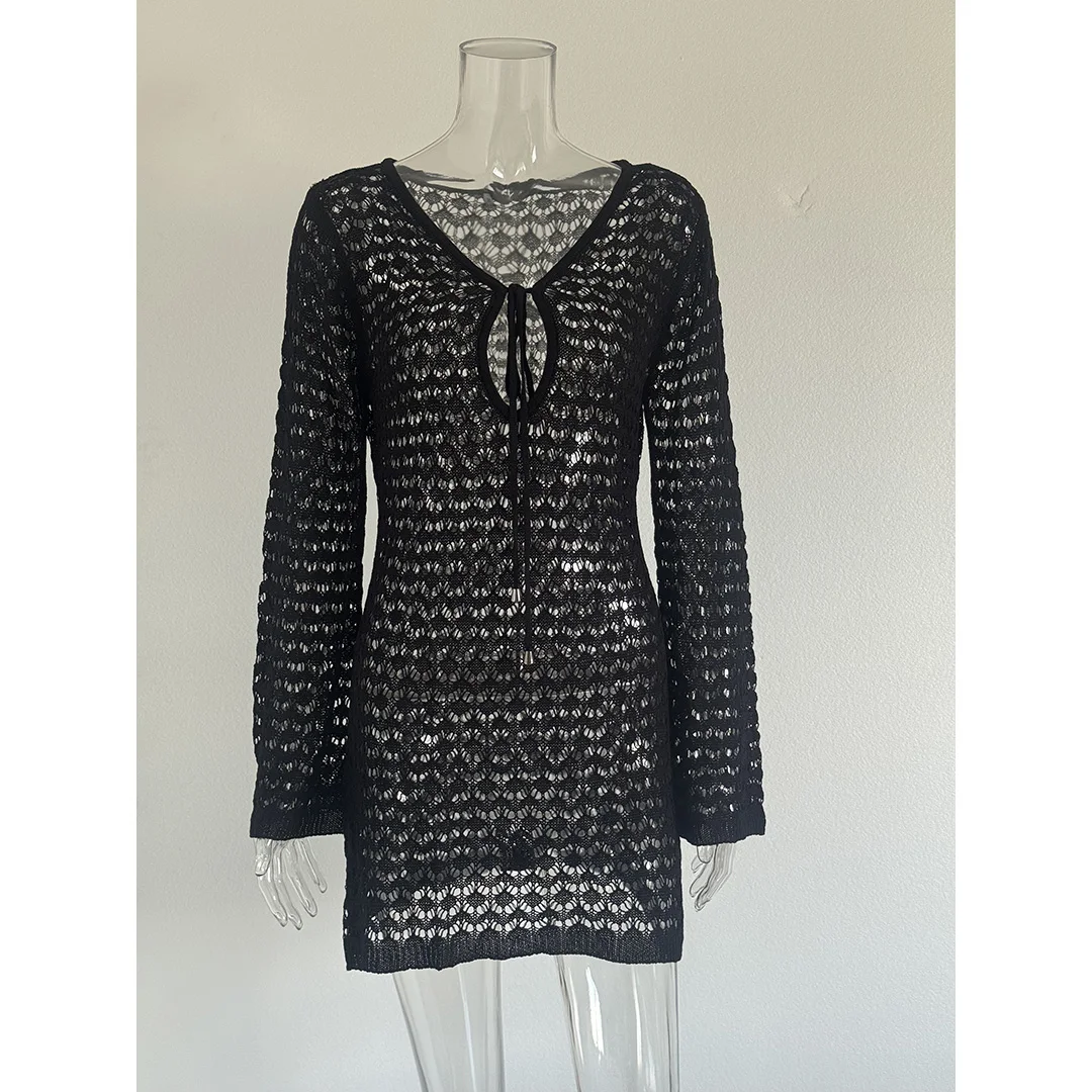 S - XL Langarm-Tunika mit Ausschnitten, gehäkelt, Strick, Strandkleid, Strandmode, Damen V6507 – Detail 18